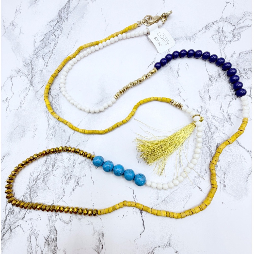 Ann Taylor LOFT Beaded Tassel Necklace NWT 38" Multicolor Gold Turquoise Navy